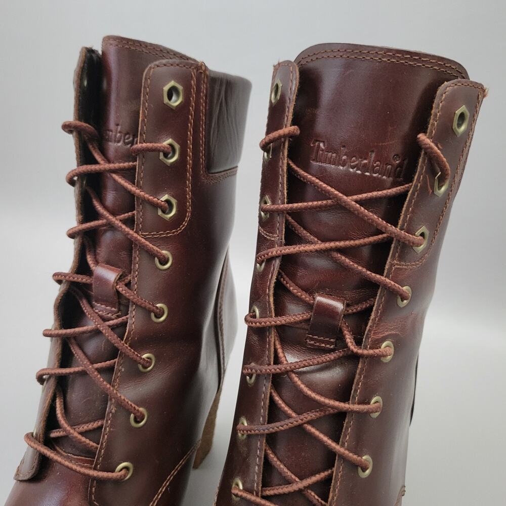 Timberland Glancy Brown Leather Heels Lace-up Ankle Booties Size 7 - Picture 8 of 12